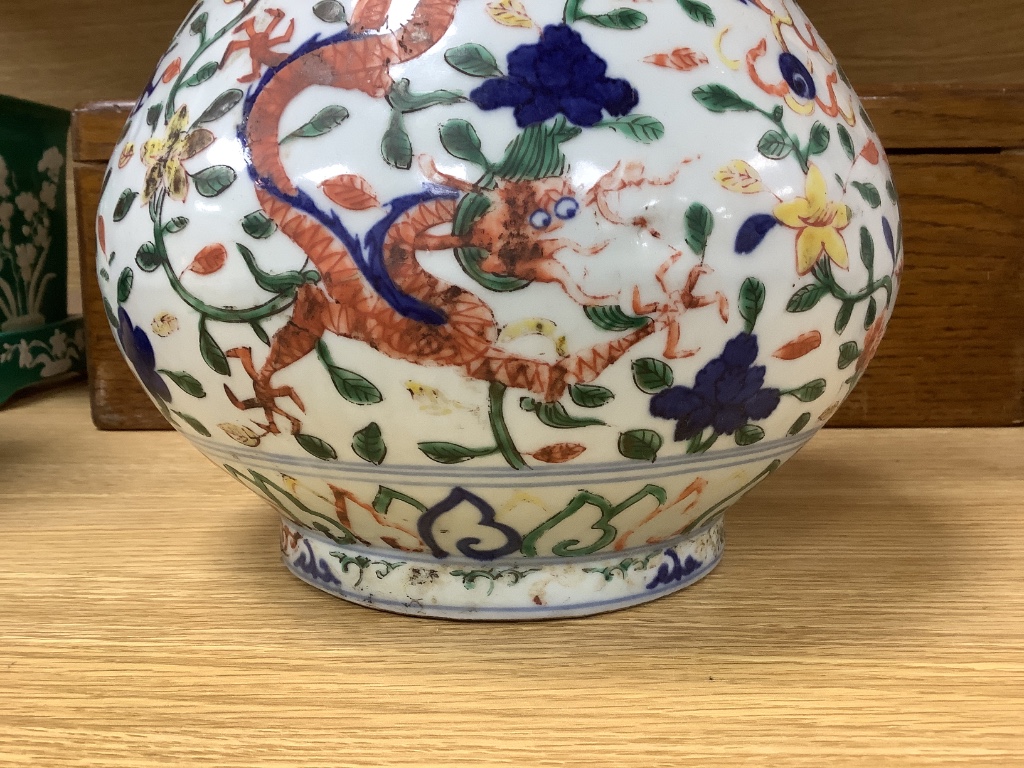 A Chinese wucai large vase with inscription, height 44cm